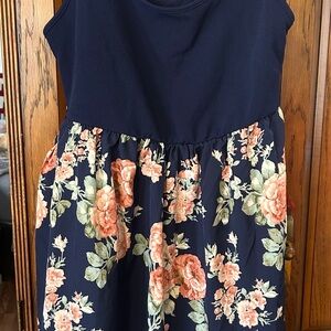 Girls Navy Floral Sleeveless Dress - Navy and Peach Floral